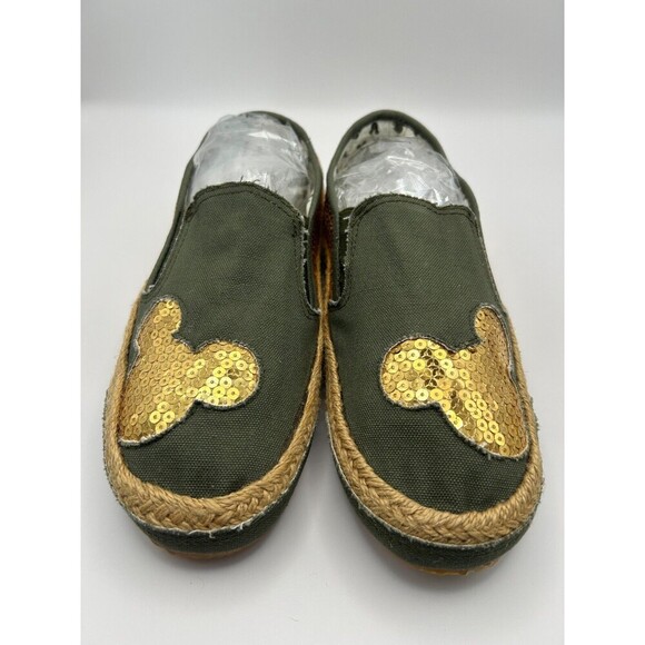Disney Mickey Mouse Green Canvas Espadrilles Shoes – Gold Sequin – Sz 9.5 – NEW - Picture 2 of 9